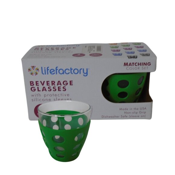 Lifefactory BPA Free 10oz Drinking Glasses With Green Silicone Sleeves Set Of 2 - Picture 1 of 5